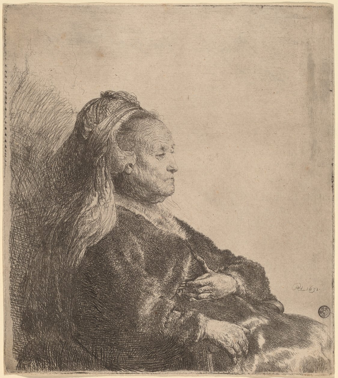Die Mutter des Künstlers, sitzend, mit orientalischem Kopfschmuck von Rembrandt van Rijn
