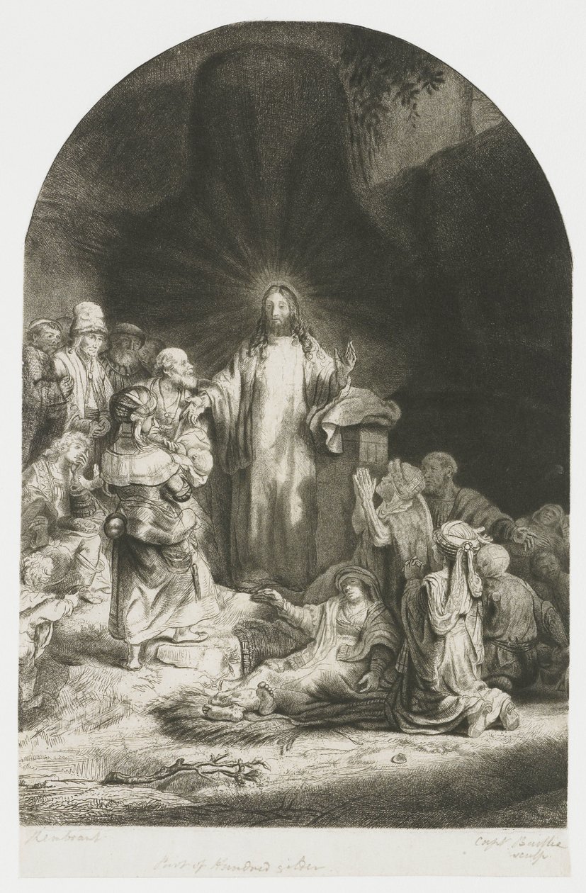 Der Hundertguldenblatt: das zentrale Stück mit Christus predigend, die Platte gewölbt von Rembrandt van Rijn