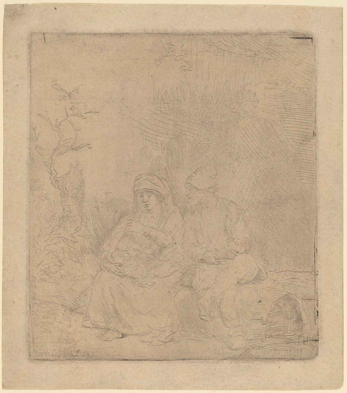 Die Rast auf der Flucht: Leicht geätzt von Rembrandt van Rijn