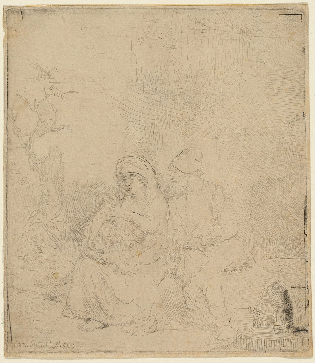 Die Rast auf der Flucht nach Ägypten: Leicht geätzt von Rembrandt van Rijn