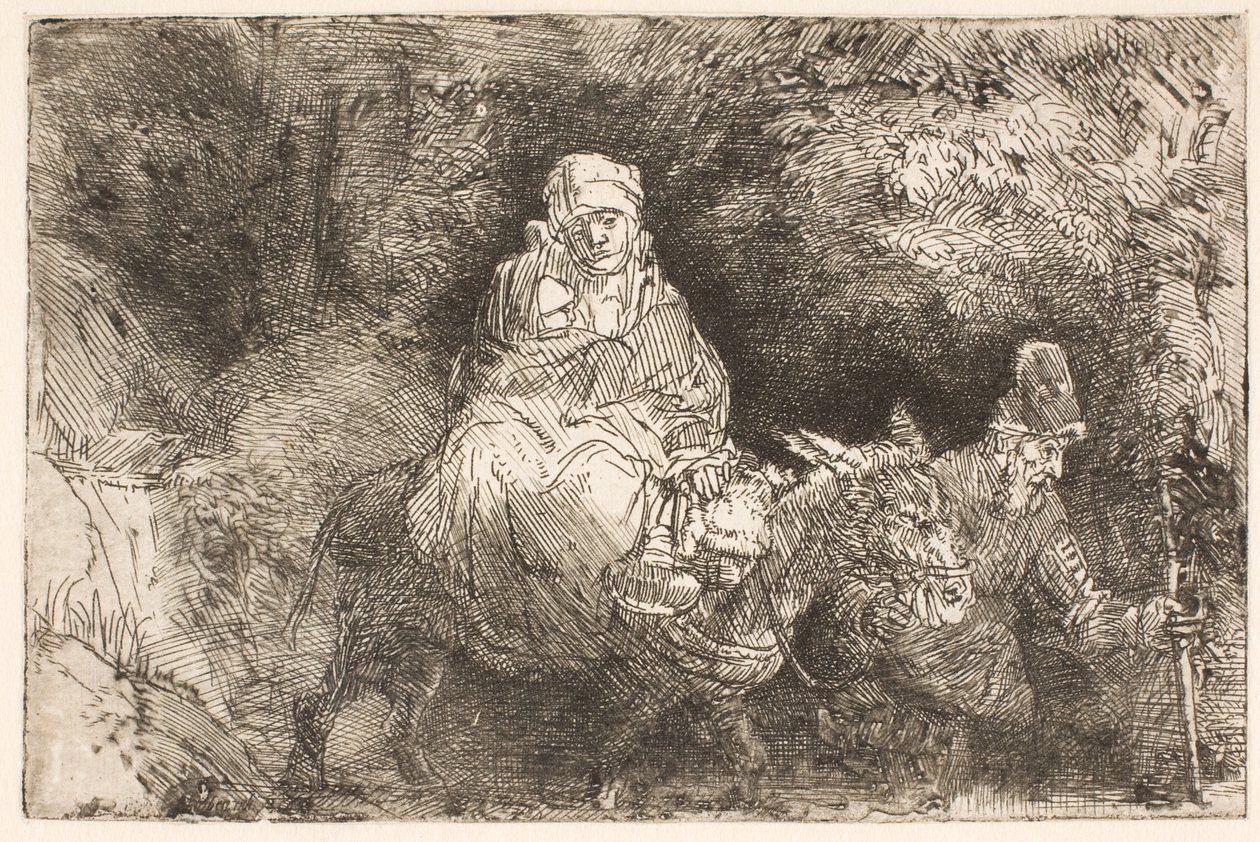 Die Flucht nach Ägypten: die Heilige Familie überquert einen Bach von Rembrandt van Rijn