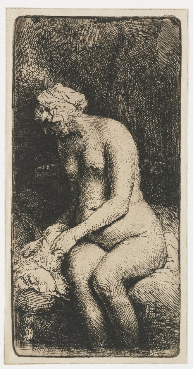 Frau badet ihre Füße in einem Bach von Rembrandt van Rijn