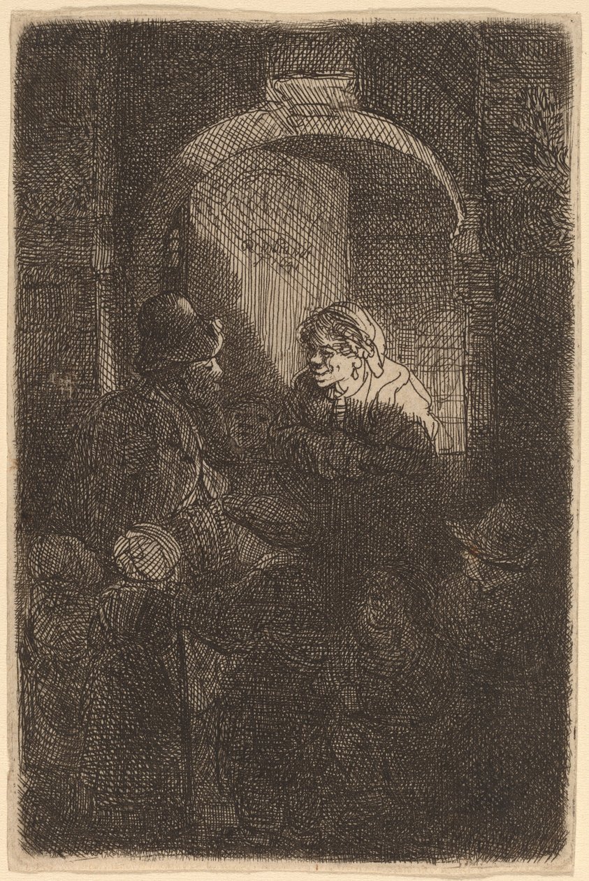 Frau an einer Türluke spricht mit einem Mann und Kindern (Der Schulmeister) von Rembrandt van Rijn