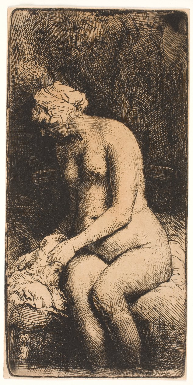 Frau, die ihre Füße an einem Bach badet von Rembrandt van Rijn
