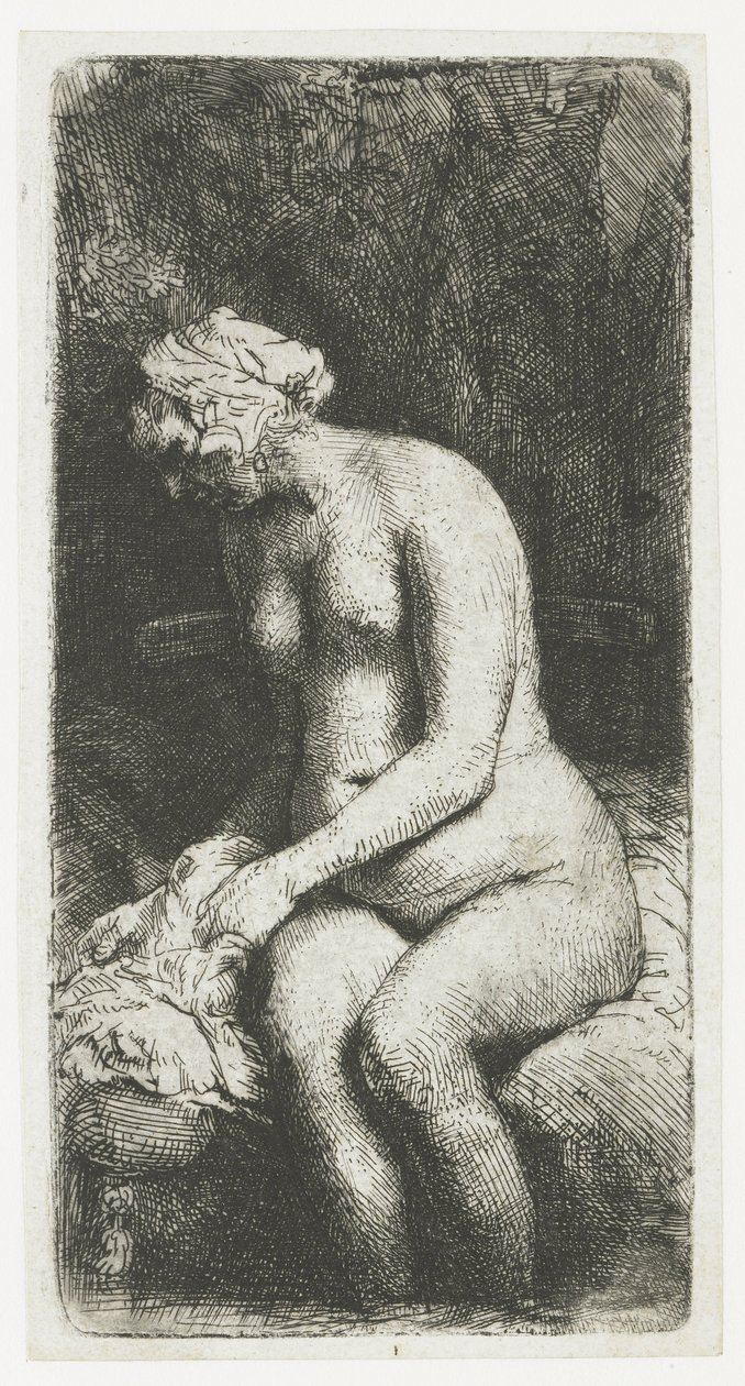 Frau badet ihre Füße an einem Bach von Rembrandt van Rijn