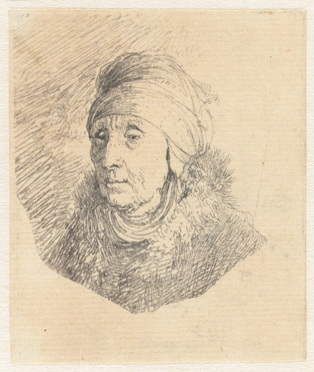 Frau mit hohem Kopfschmuck um das Kinn gewickelt: Büste von Rembrandt van Rijn