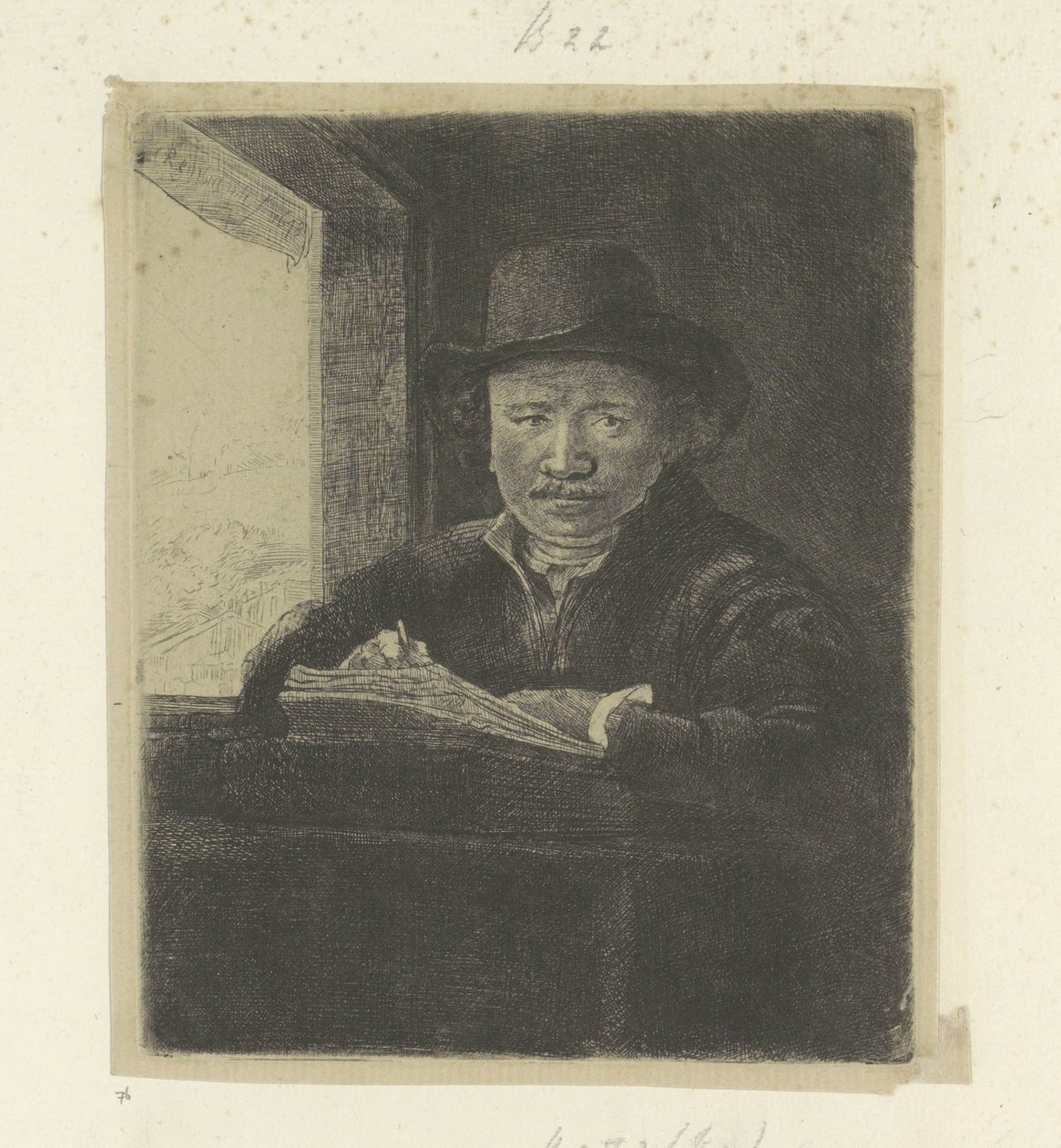 Selbstporträt, zeichnend am Fenster (Recueil de quatre-vingt-cinq estampes originales) von Rembrandt van Rijn