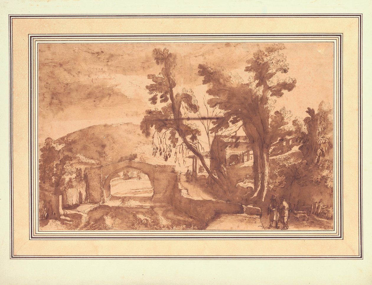 Eine bergige Landschaft mit einer Brücke über einen Fluss, Figuren auf einer Straße bei einem Bauernhof rechts von Remigio Cantagallina