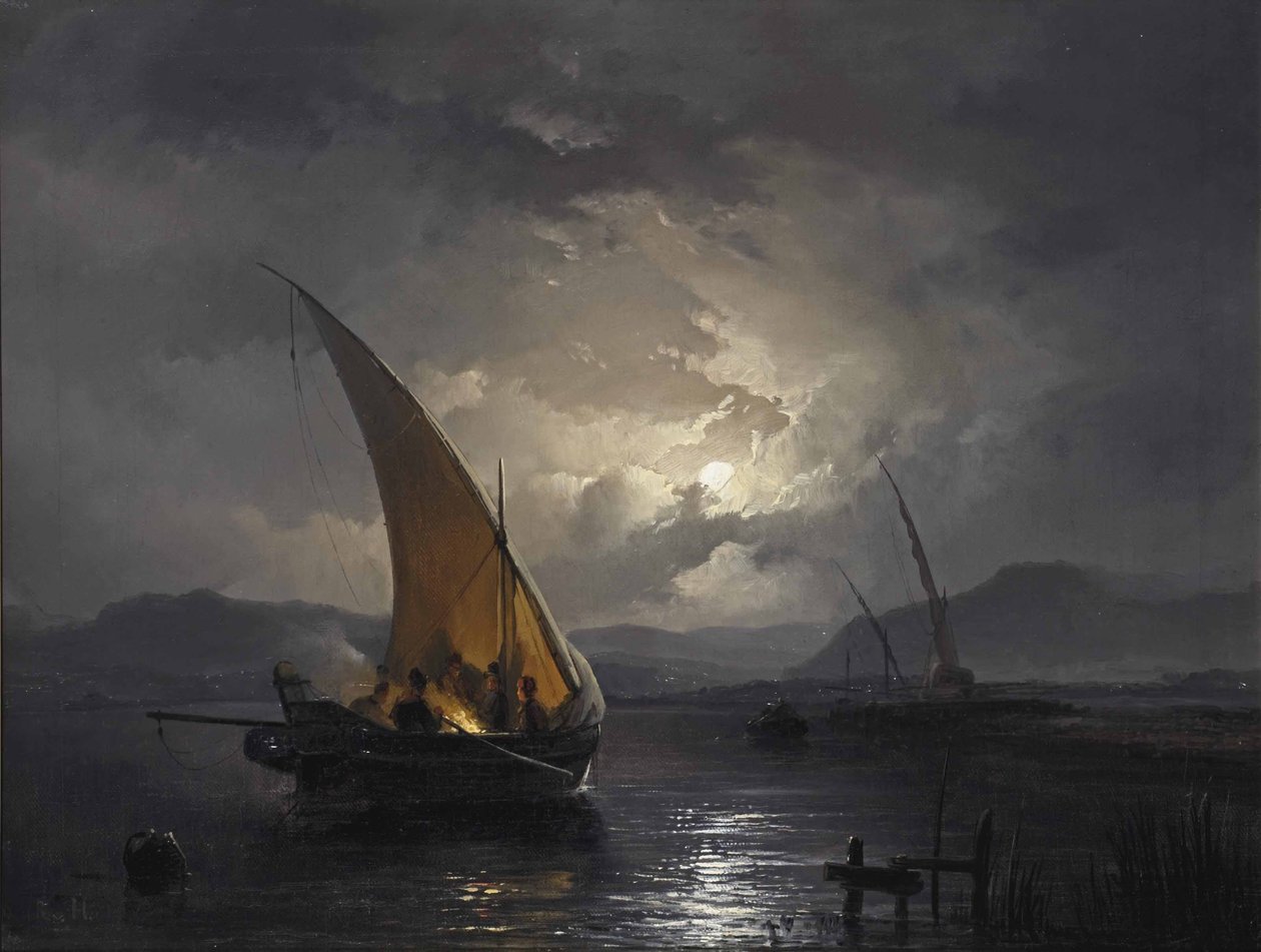 Nachtlandschaft mit Segelboot, wo ein Feuer entzündet wird von Remigius Adrianus Haanen