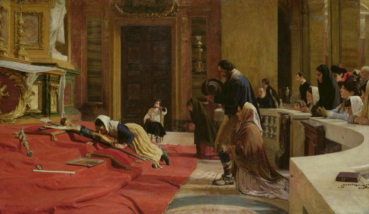 Kriechen zum Kreuz am Karfreitag in der Kirche San Carlo ai Catinari, Rom, 1884 von Remy Cogghe
