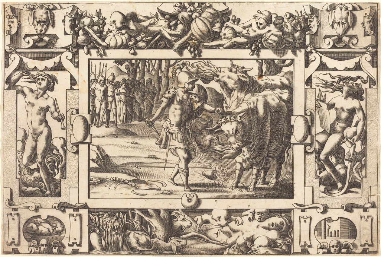 Jason zähmt die beiden Stiere des Mars von René Boyvin after Leonard Thiry