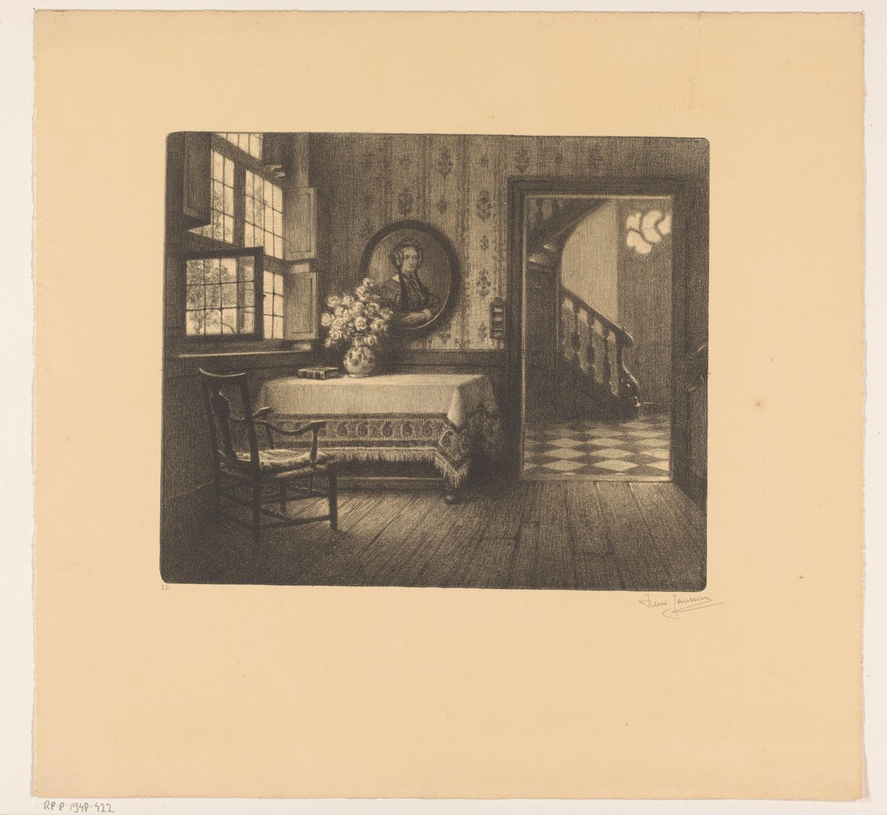 Interieur mit Porträt, Tisch und Blick auf einen Flur von René Janssens (signed by artist)