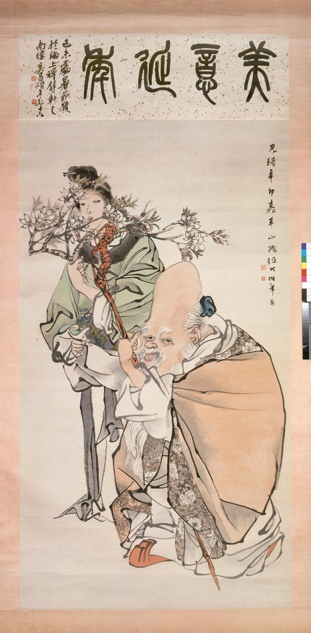 Der Gott der Langlebigkeit mit Begleiter, gemalt 1891 von Ren Yi