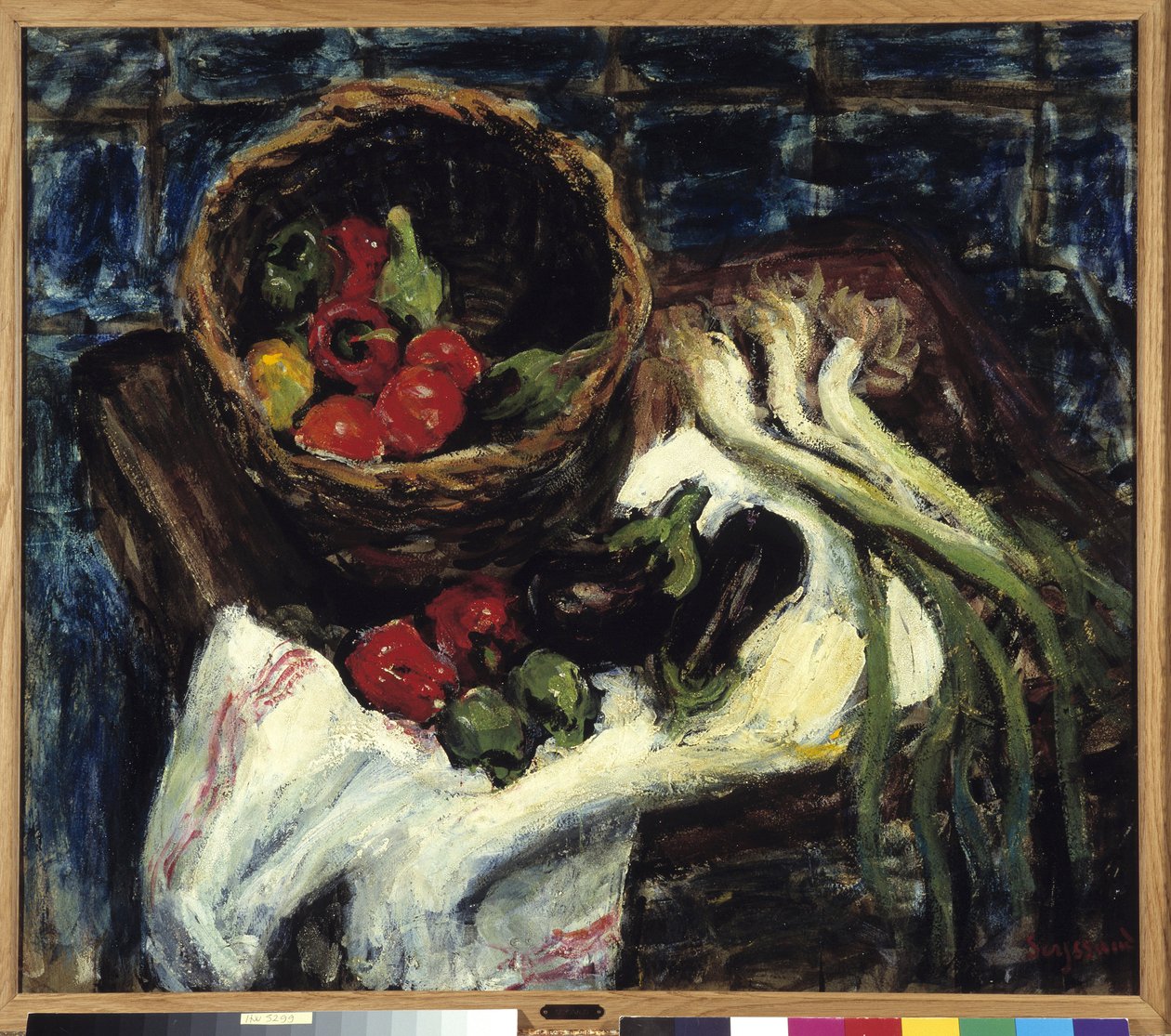 Stillleben im Gemüsekorb: Paprika, Aubergine und Lauch von Rene Auguste Seyssaud