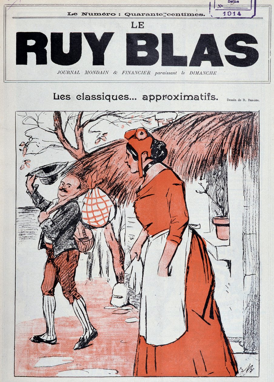 Marianne als Bäuerin, mit einem Taschentuch in der Hand, auf den Stufen ihres Hauses, beobachtet einen Mann, der sie begrüßen kommt - Zeichnung von R. Berger für das Cover von Ruy Blas, 1. Januar von Rene Berger