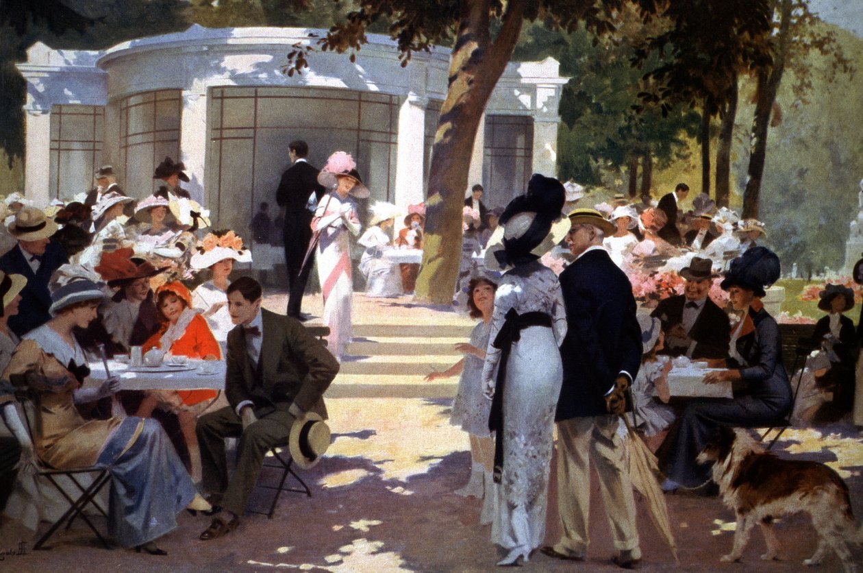 Im Vittel-Spa: Leute trinken Erfrischungen, frühes 20. Jahrhundert (Illustration) von Rene Lelong
