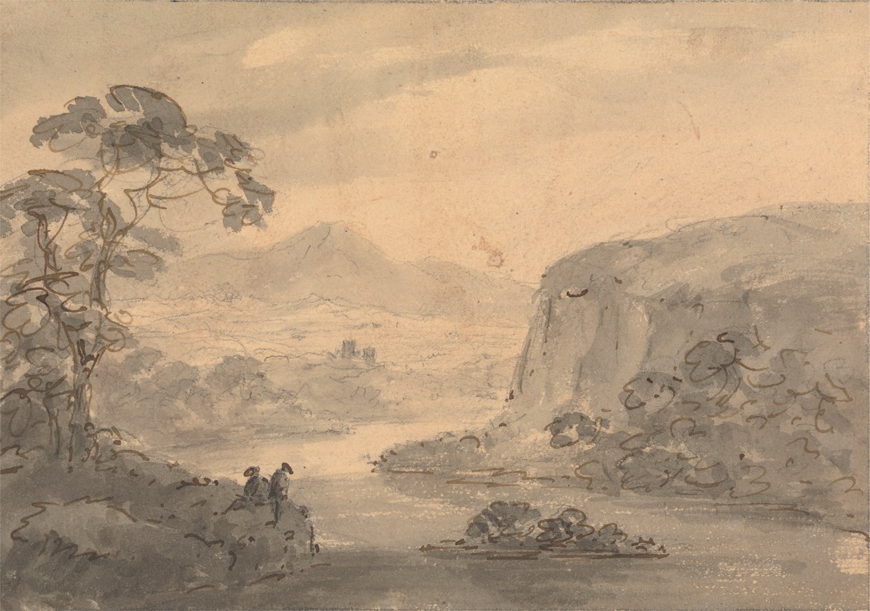 Gebirgslandschaft mit zwei Figuren, die auf einen See blicken von Rev. William Gilpin