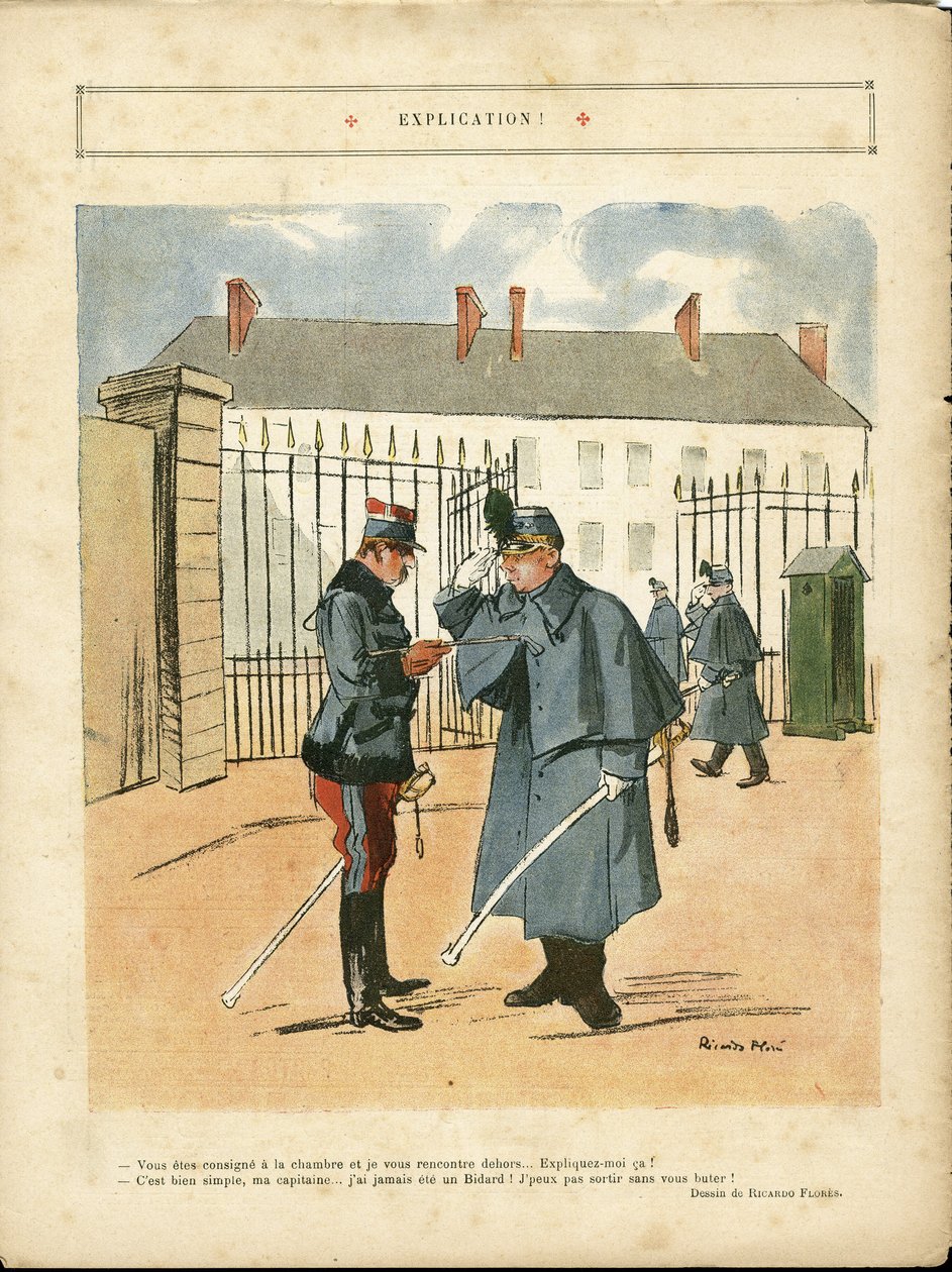 Illustration von Ricardo Flores (1878-1918) in Le Lire, 23/04/10 - Erklärung - Armee, Kasernen von Ricardo Flores