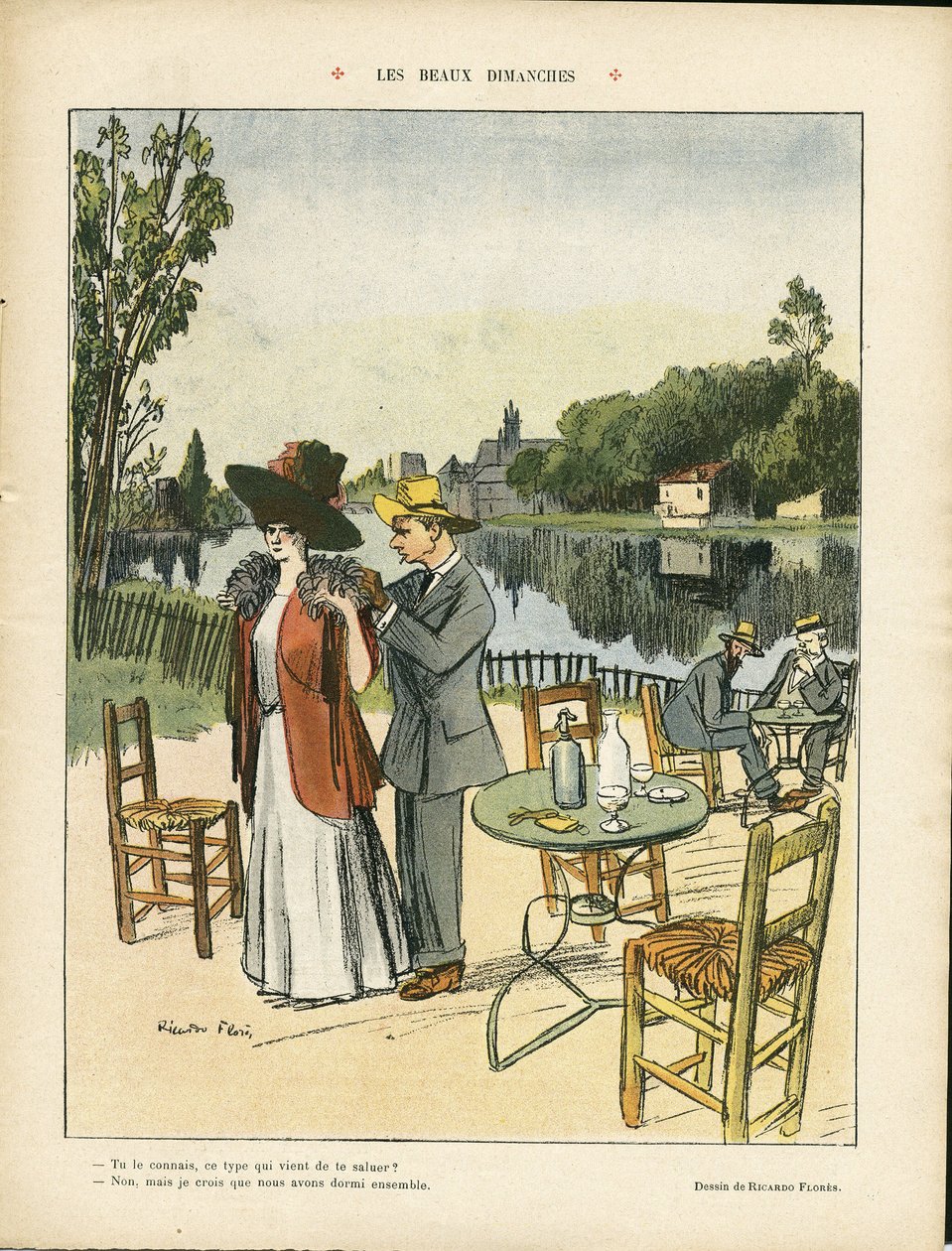 Illustration von Ricardo Flores (1878-1918) in Le Rire, 04.07.08 - Schöne Sonntage - Freizeit, Natur Vegetation, Architektur Urbanismus, Restaurant Cafés, Maritim Marine Küste von Ricardo Flores