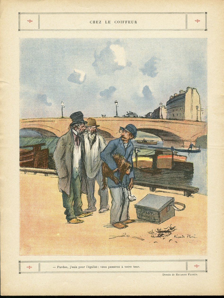 Illustration von Ricardo Flores (1878-1918) in Le Rire - Beim Friseur - Paris, Berufe, Architektur Urbanismus, Brücke, Fluss - Hund, Friseur von Ricardo Flores