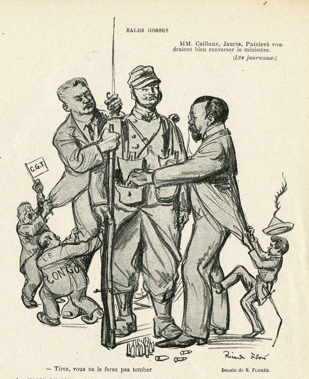 Illustration von Ricardo Flores (1878-1918) in Le Rire, 21/06/13 - Verkaufskinder - Armee, Militärdienst, Sozialismus - Jaurès Jean, Caillaux Joseph (1863-1944), Painlevé Paul (1863-1933) von Ricardo Flores