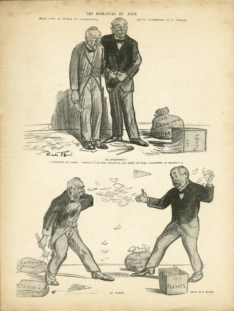 Illustration von Ricardo Flores (1878-1918) in Le Rire, 28/12/12 - Romanze des Tages - Fall von Panama, Fall von Aufzeichnungen, Repression - Million der Chartreux - Combes Emile (1835-1921), Clemenceau George von Ricardo Flores