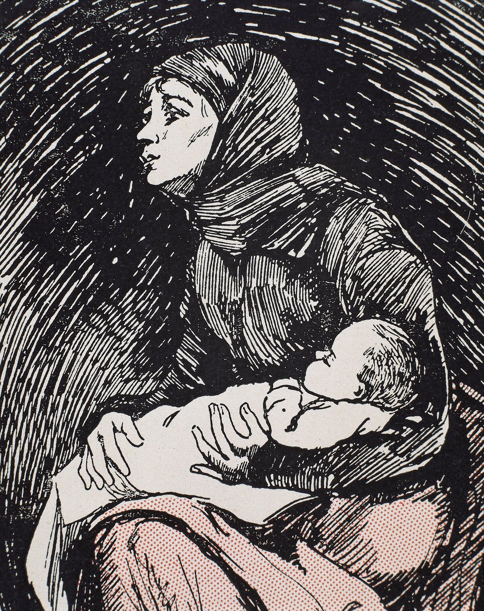 Heiligabend. 1900. Eine magere Frau mit ihrem Kind im Arm (Gravur) von Ricardo Maria Navarrete