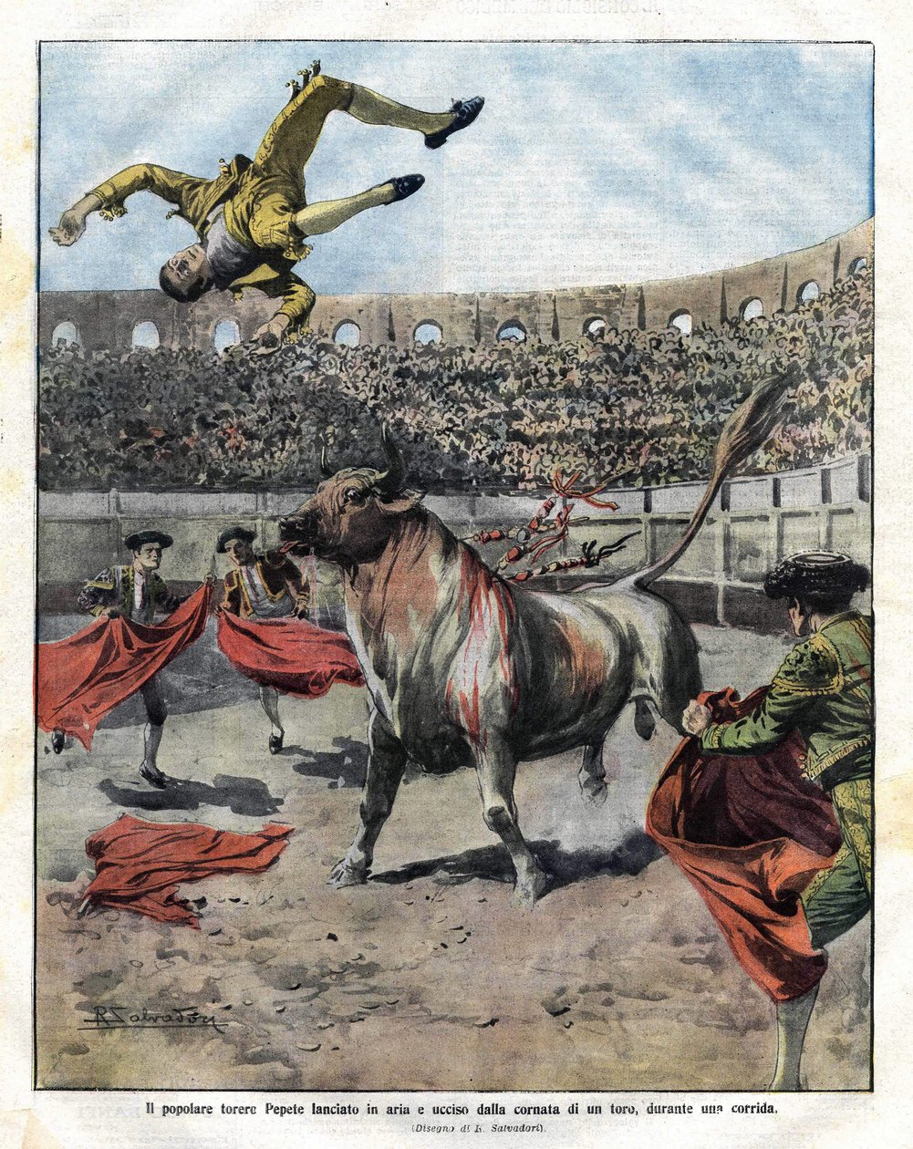 Tod des Toreros JOSE CLARO PEPETE in Murcia am 7. September 1910. Illustration von Salvadori für die Domenica del Corriere vom 18. September von Riccardo Salvadori