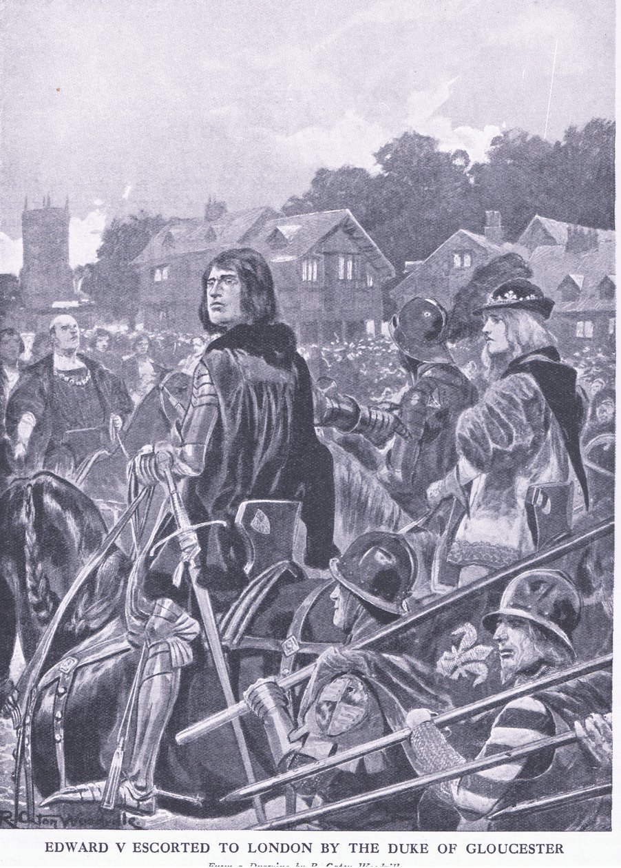 Edward V wird vom Herzog von Gloucester nach London eskortiert, aus Cassells Geschichte des britischen Volkes veröffentlicht von der Waverley Book Company Limited, ca. 1940 von Richard Caton Woodville junior