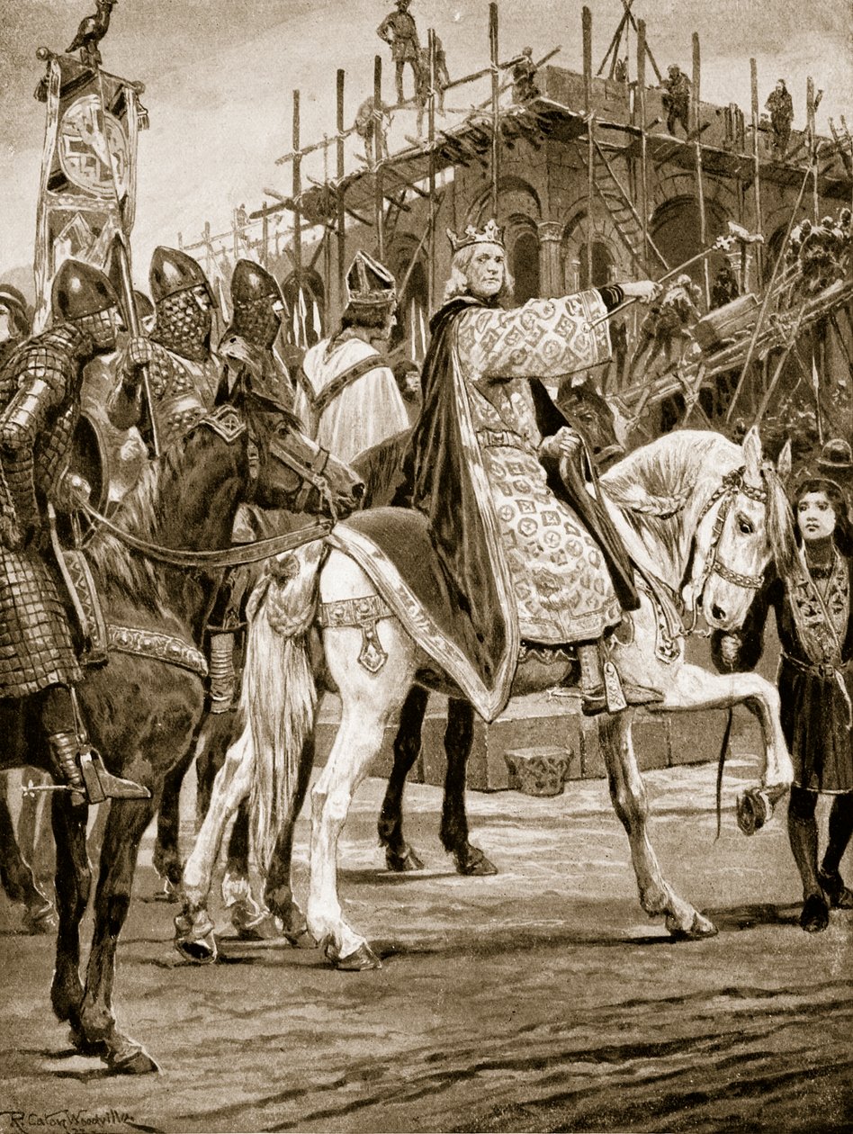 Edward der Bekenner beobachtet den Bau der Westminster Abbey, der ersten normannischen Kirche in England, Illustration aus 