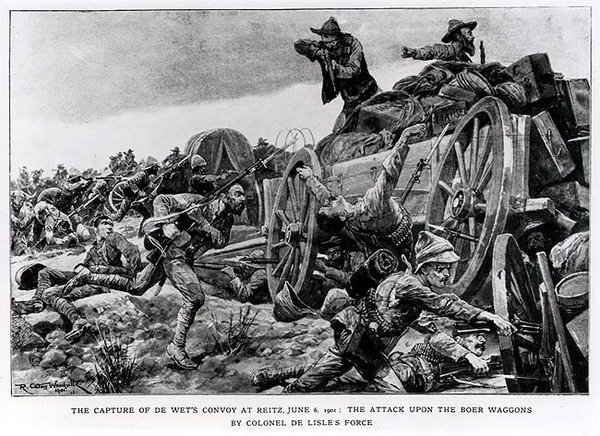 Die Gefangennahme des Konvois von de Wet bei Reitz, 6. Juni 1901. Der Angriff auf die Burenwagen durch die Truppen von Colonel de Lisle von Richard Caton II Woodville