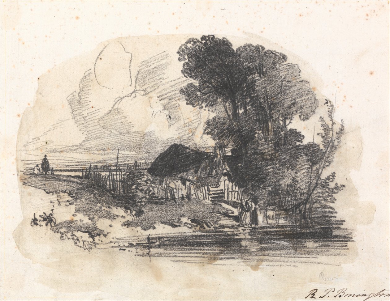 Bäume und ein Häuschen an einem Fluss von Richard Parkes Bonington