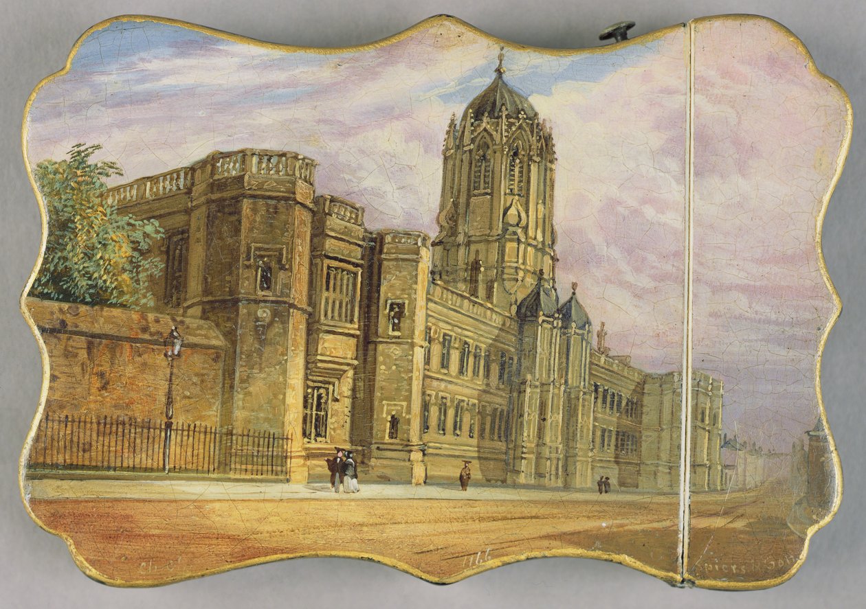 Viktorianisches Kartenetui mit einer Szene der Christ Church, Oxford und Tom Tower (Papiermaché) von Richard Phene and Benjamin W. Spiers