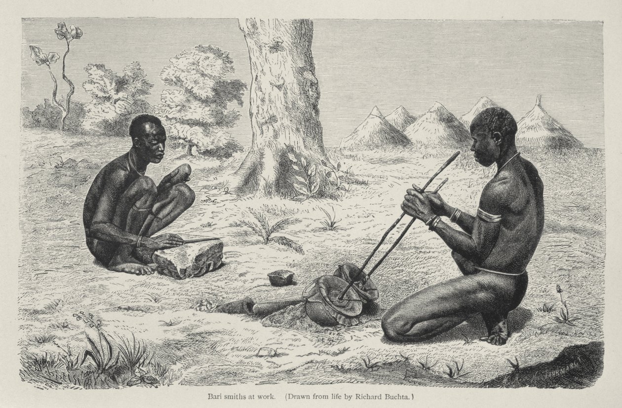 Baro-Schmiede bei der Arbeit, aus Die Geschichte der Menschheit von Prof. Friedrich Ratzel, veröffentlicht 1904 von Richard Buchta