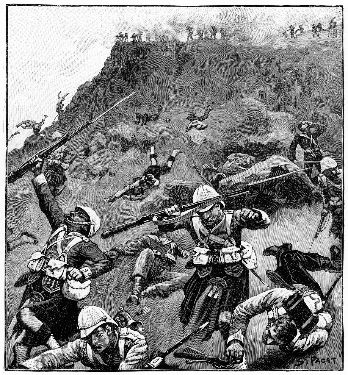 92. Gordon Highlanders im Rückzug, Schlacht am Majuba Hill, 1. Burenkrieg, 26.-27. Februar 1881 von Richard Caton II Woodville