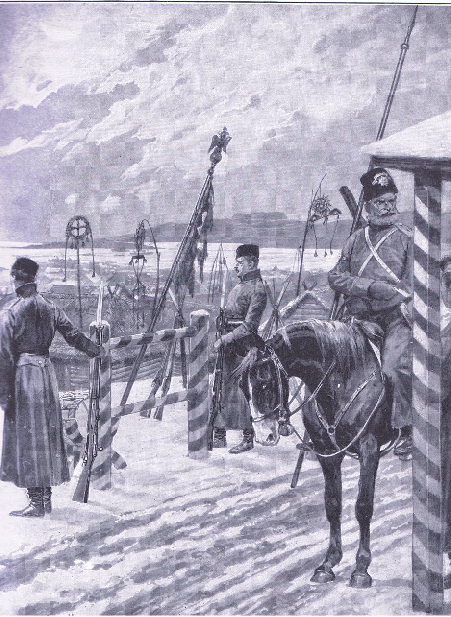 Ein Kosakenlager in der Mandschurei mit Stammeszeichen über den Hütten der Männer, Illustration aus Cassells Geschichte des Russisch-Japanischen Krieges Band 1, ca. 1900 von Richard Caton Woodville