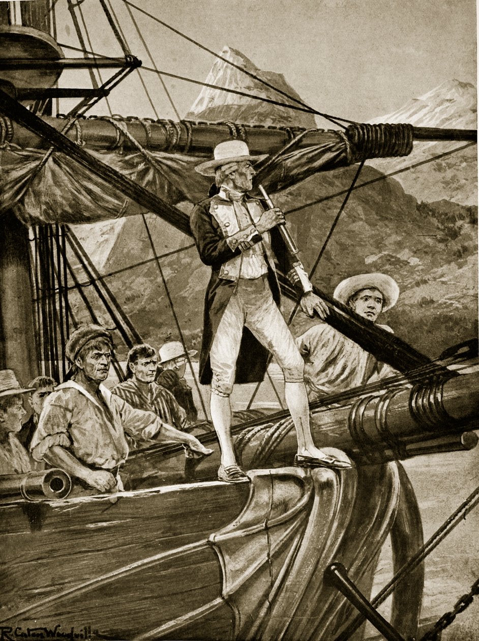 Kapitän Cook nähert sich Neuseeland, Illustration aus 