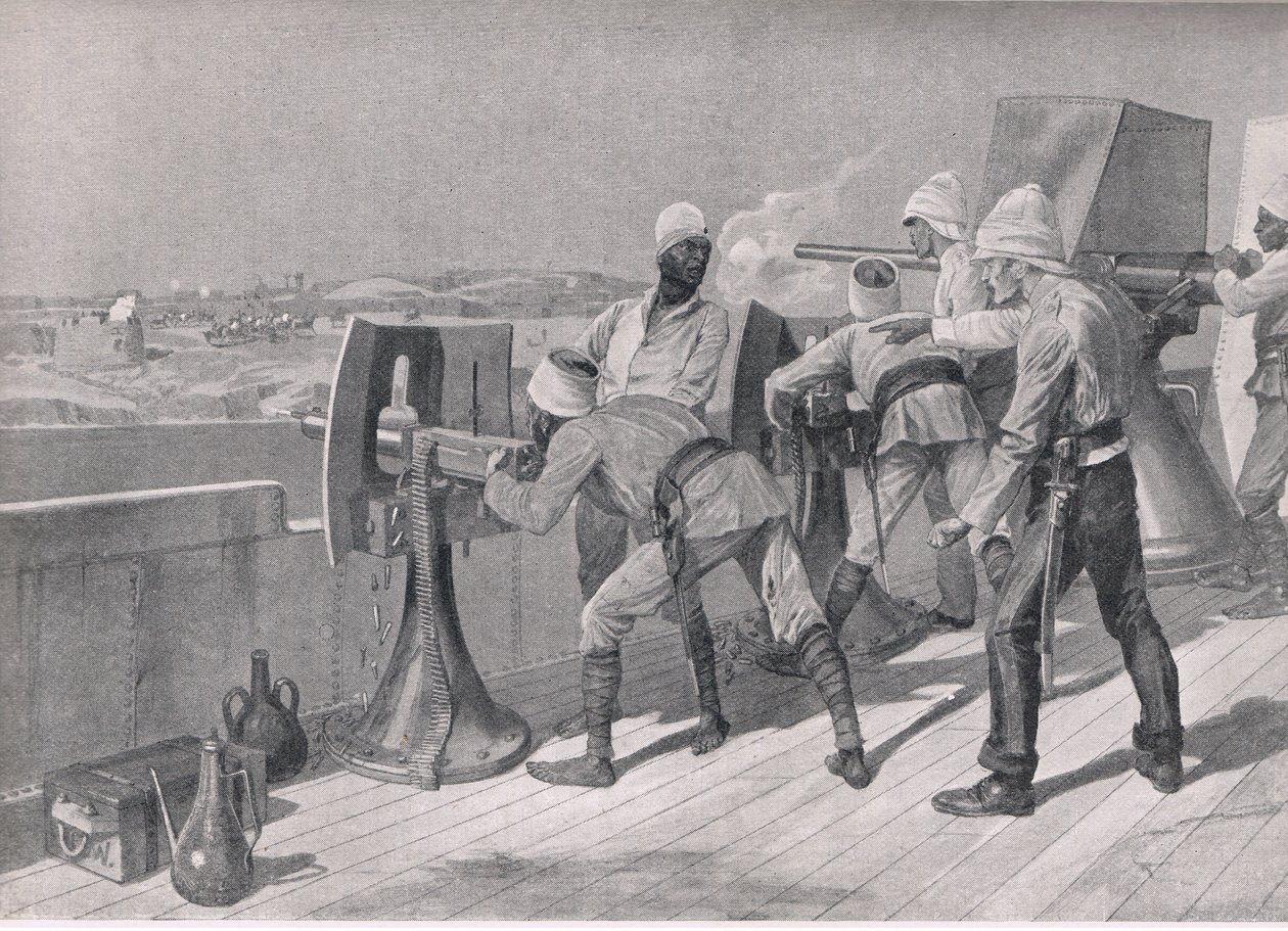 Auf dem Weg den Nil hinauf: Schießen auf die Derwische, Illustration aus Britische Schlachten zu Land und zu Wasser, 1915 von Richard Caton Woodville junior