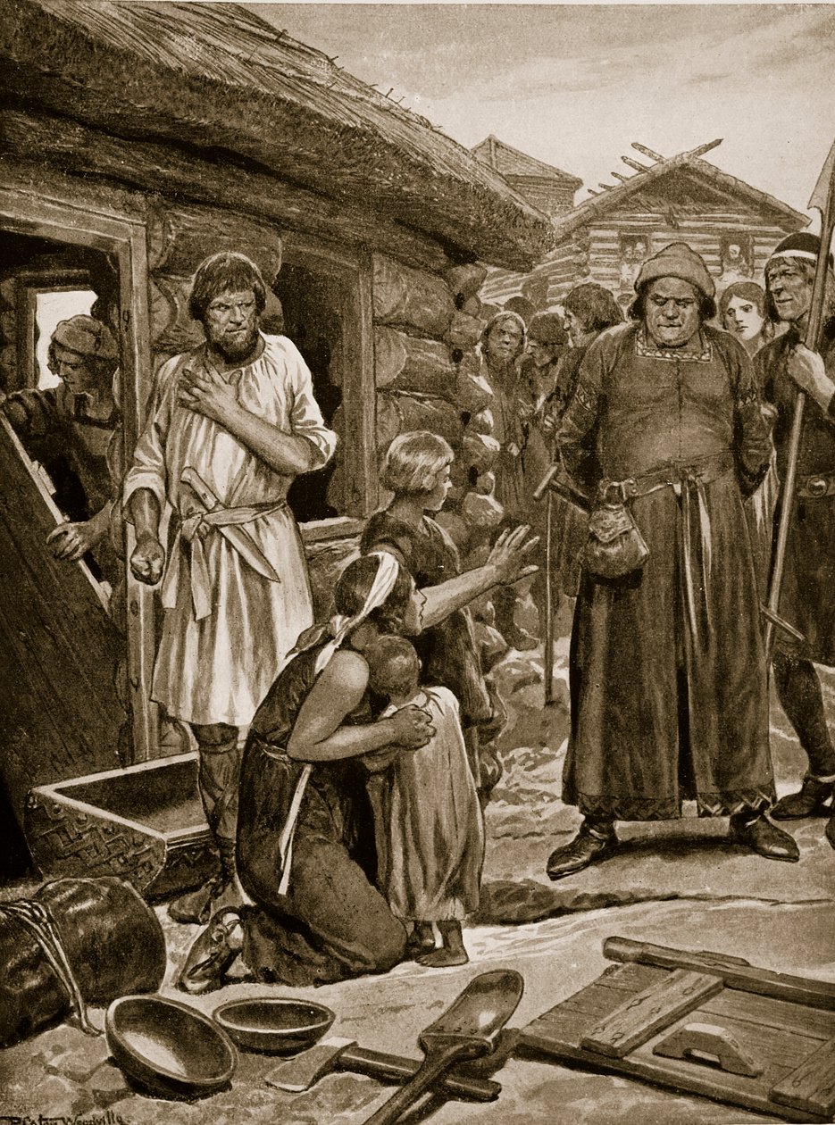 Überlastete Untertanen aus ihren Häusern vertrieben, Illustration aus 