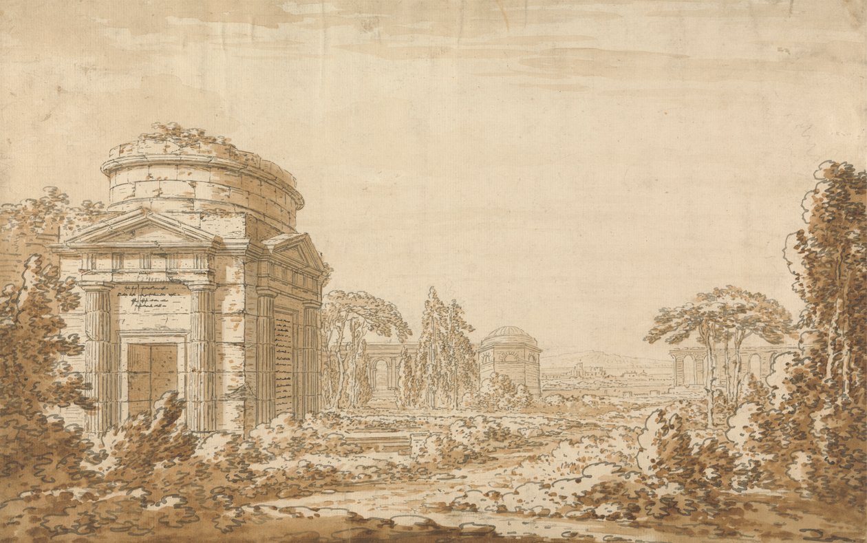 Klassische italienische Landschaft mit Tempeln und einem zerstörten Aquädukt von Richard Cooper the Younger