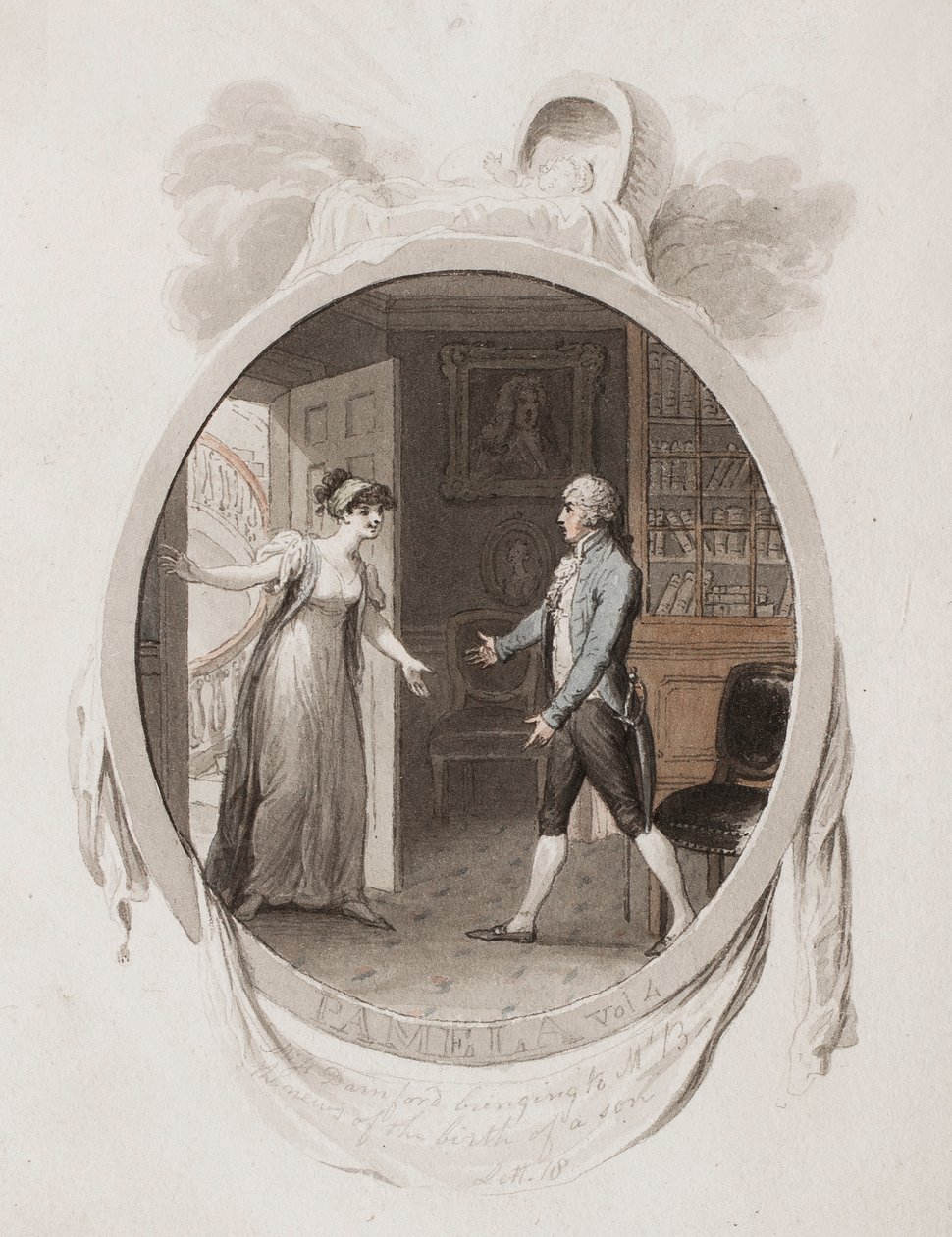 Miss Darnford bringt Mr. B die Nachricht von der Geburt eines Sohnes, Brief 18, Illustration für eine Ausgabe von 