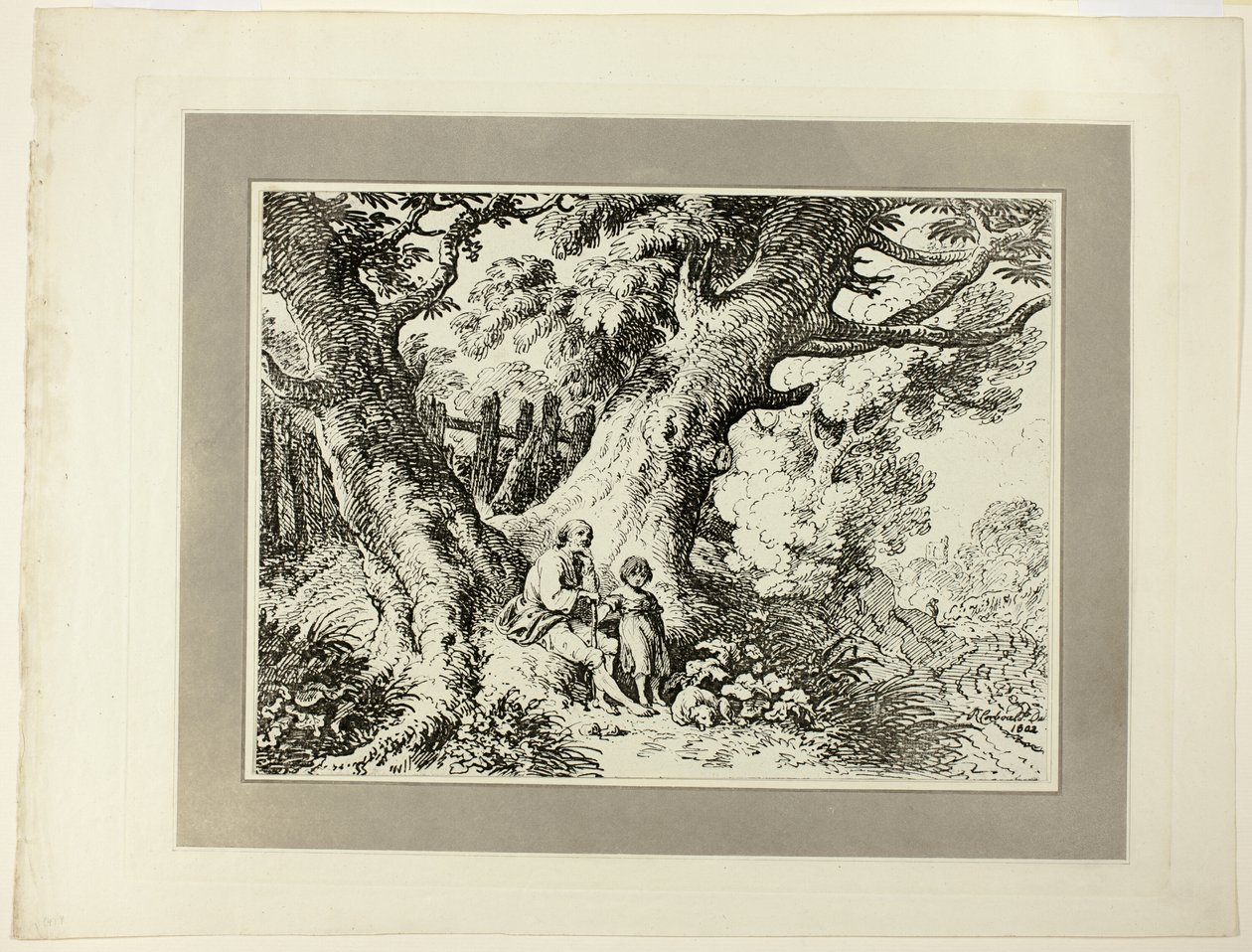 Alte Bäume mit altem Mann, einem Mädchen und einem Hund, aus der ersten Ausgabe von Specimens of Polyautography von Richard Corbould