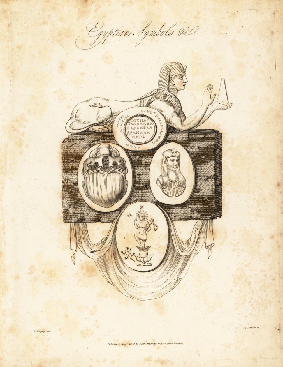 Ägyptische Sphinx, Skarabäuskäfer, Horus usw., 1823 (Gravur) von Richard Dagley