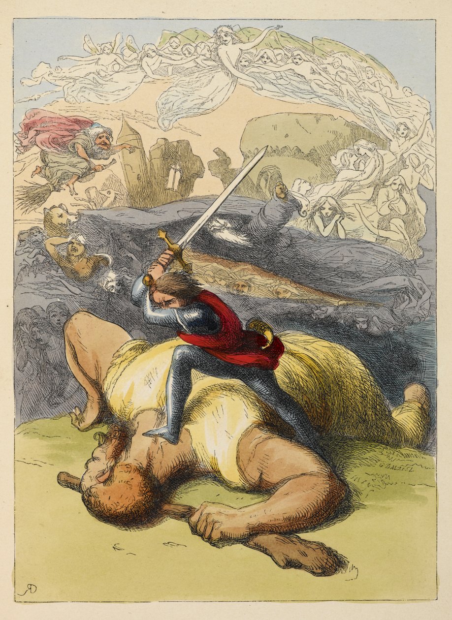 Jack steht auf dem Körper eines Riesen, mit erhobenem Schwert. Farbige Illustration in einem Kinderbuch. von Richard Doyle
