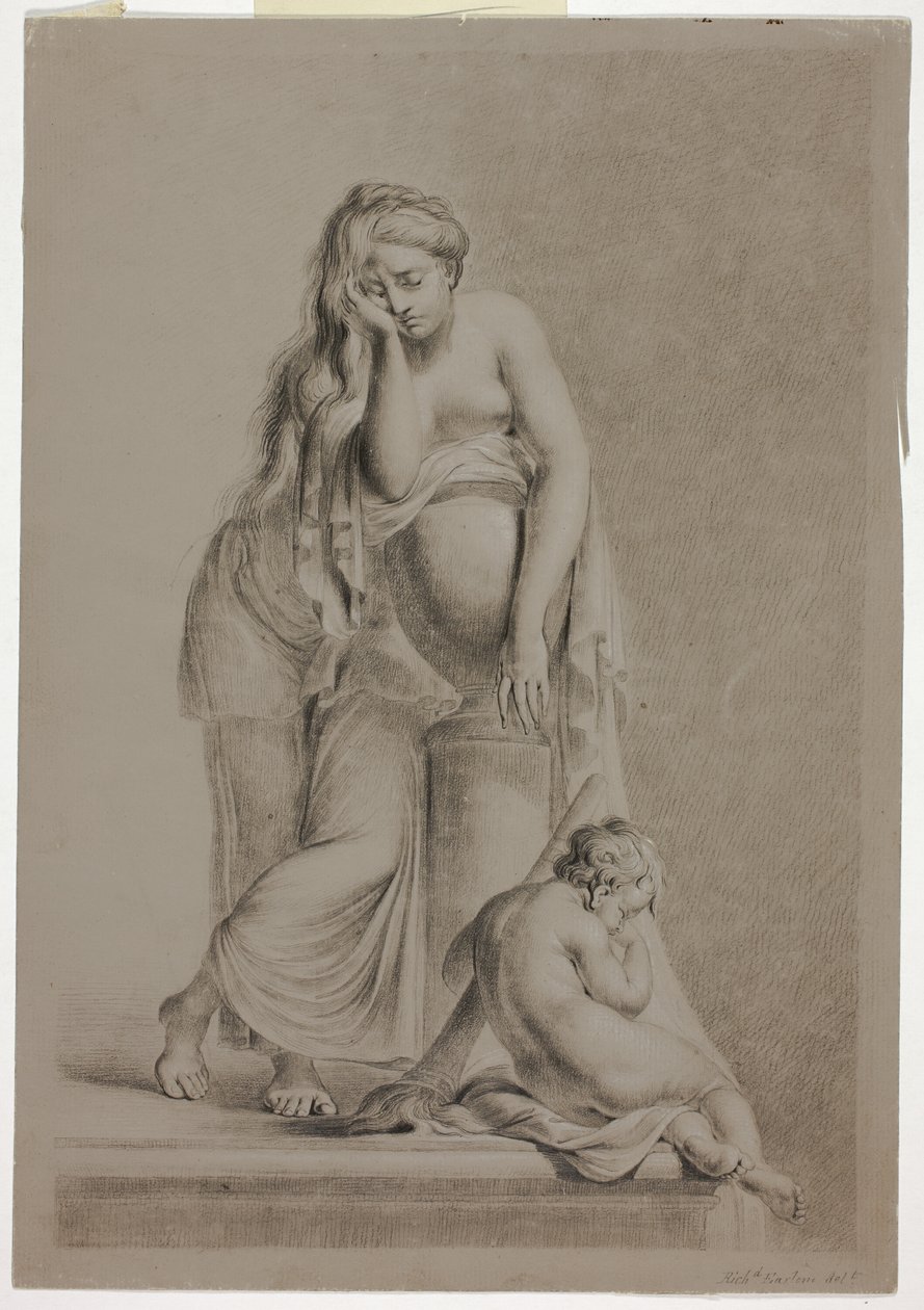 Weinende allegorische Frauenfigur mit Putto von Richard Earlom