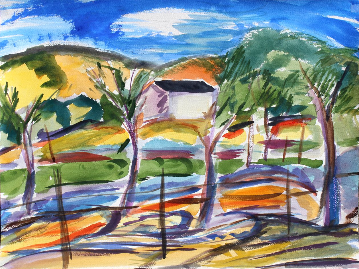 Feld und einsames Haus, 2019 von Richard Fox