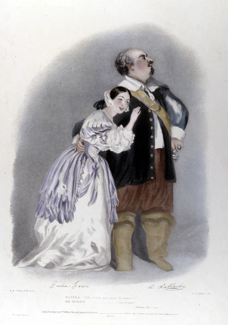Giulia Grisi und Luigi Lablache im dritten Akt von „Die Puritaner“ (I puritani) von Vincenzo Bellini. Lithografie von R. J. Lane. 1835 von Richard James Lane