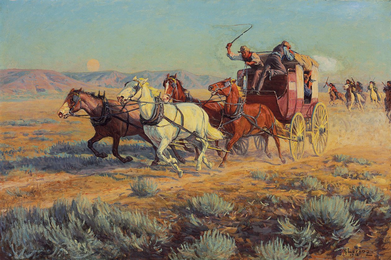 Postkutsche von berittenen Indianern verfolgt, 1912 von Richard Lorenz
