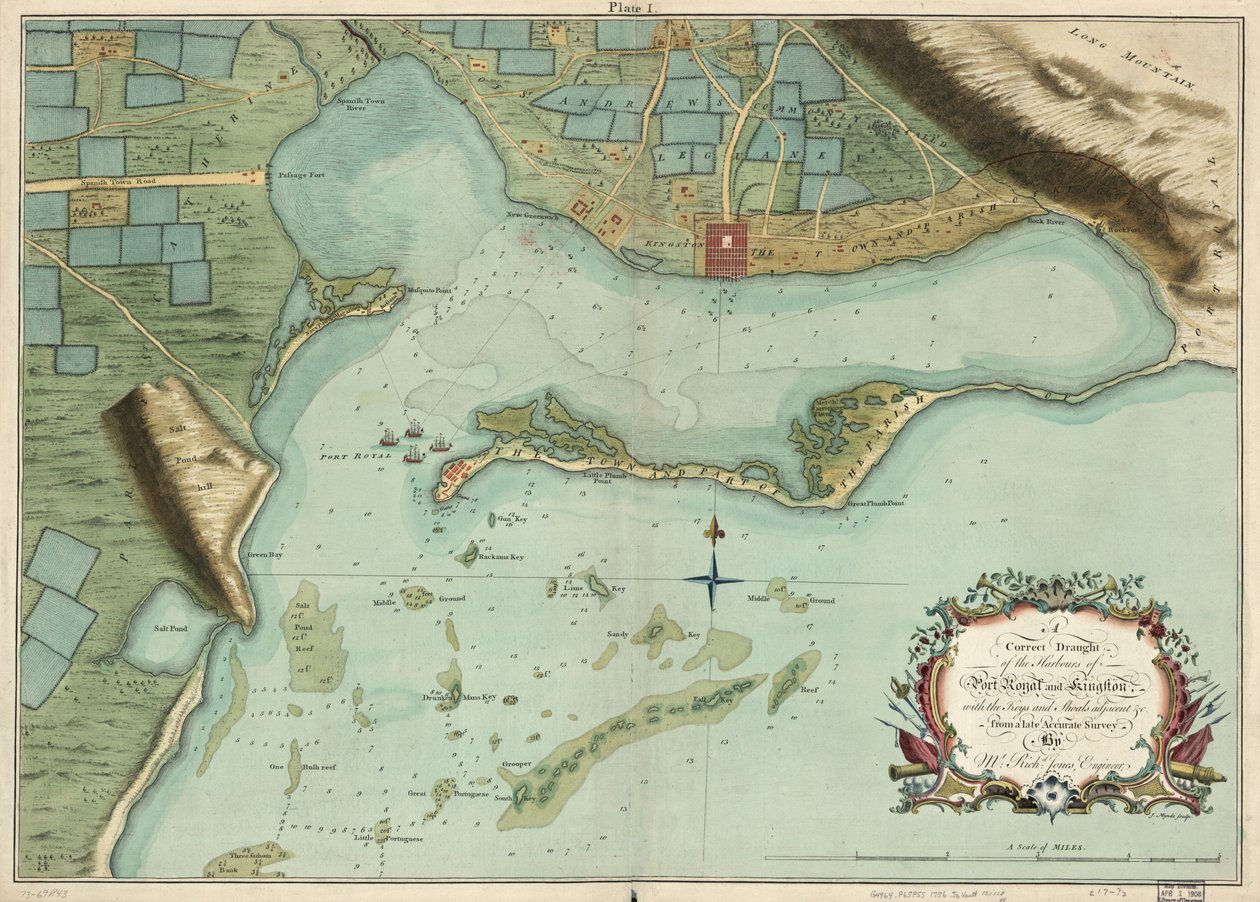 Ein genauer Entwurf der Häfen von Port Royal und Kingston, mit den angrenzenden Schlüsseln und Untiefen usw. aus einer aktuellen genauen Vermessung von Mr. Richd Jones, Ingenieur. von Richard; Mynde Jones