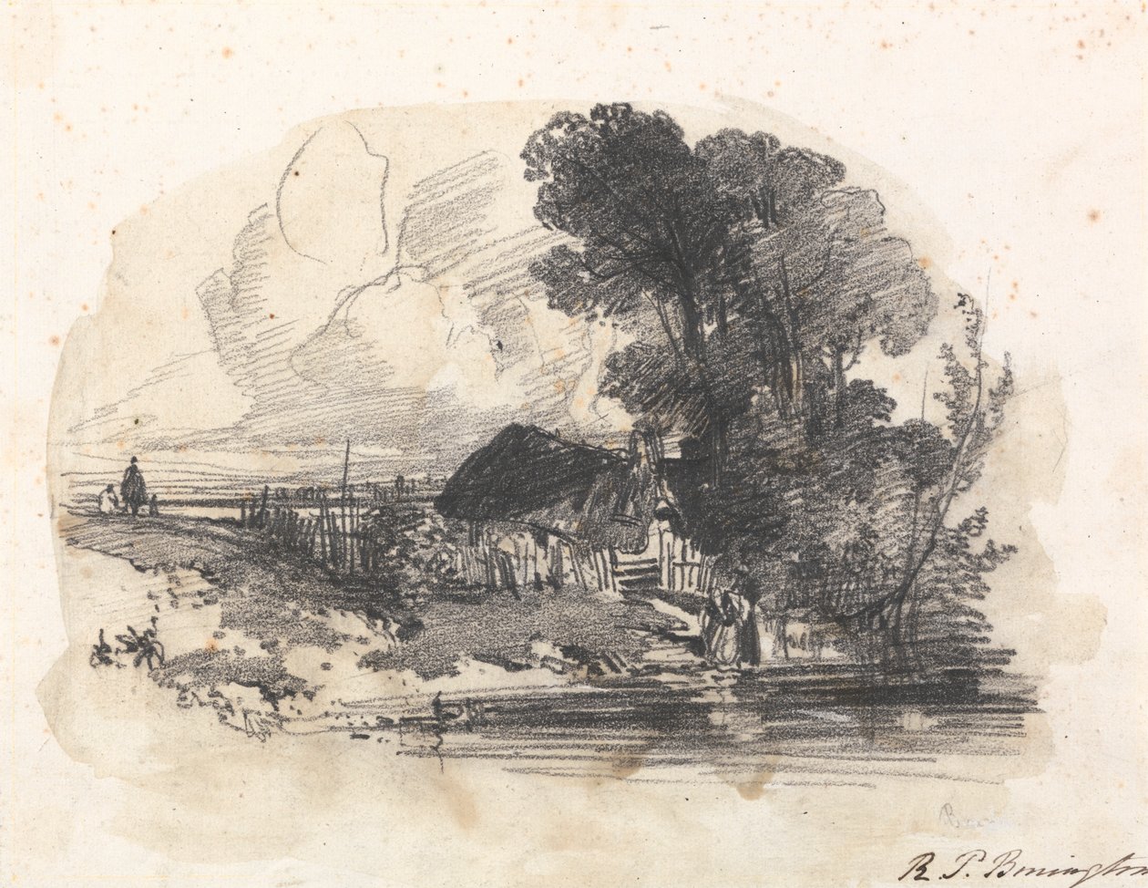 Bäume und ein Cottage an einem Fluss von Richard Parkes Bonington